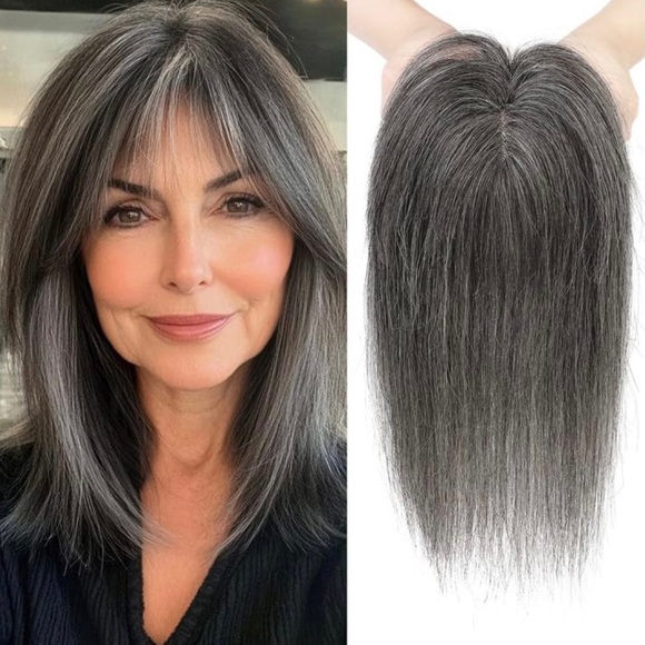 Real Human Hair Topper GRAY  10 Inch With Bangs Clip In Hair Piece NEW - Picture 1 of 14